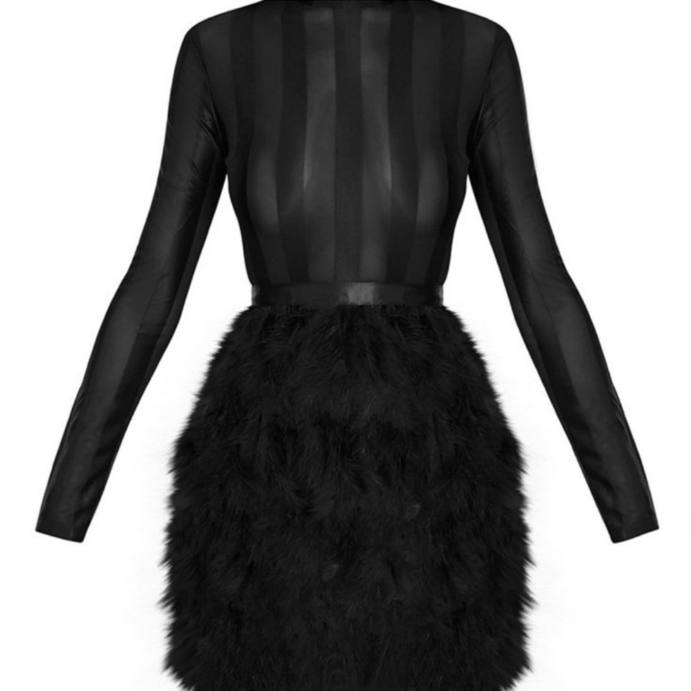 PrettyLittleThing Black Semi Sheer Feathered Long Sleeve Dress Size 0 - Picture 4 of 14